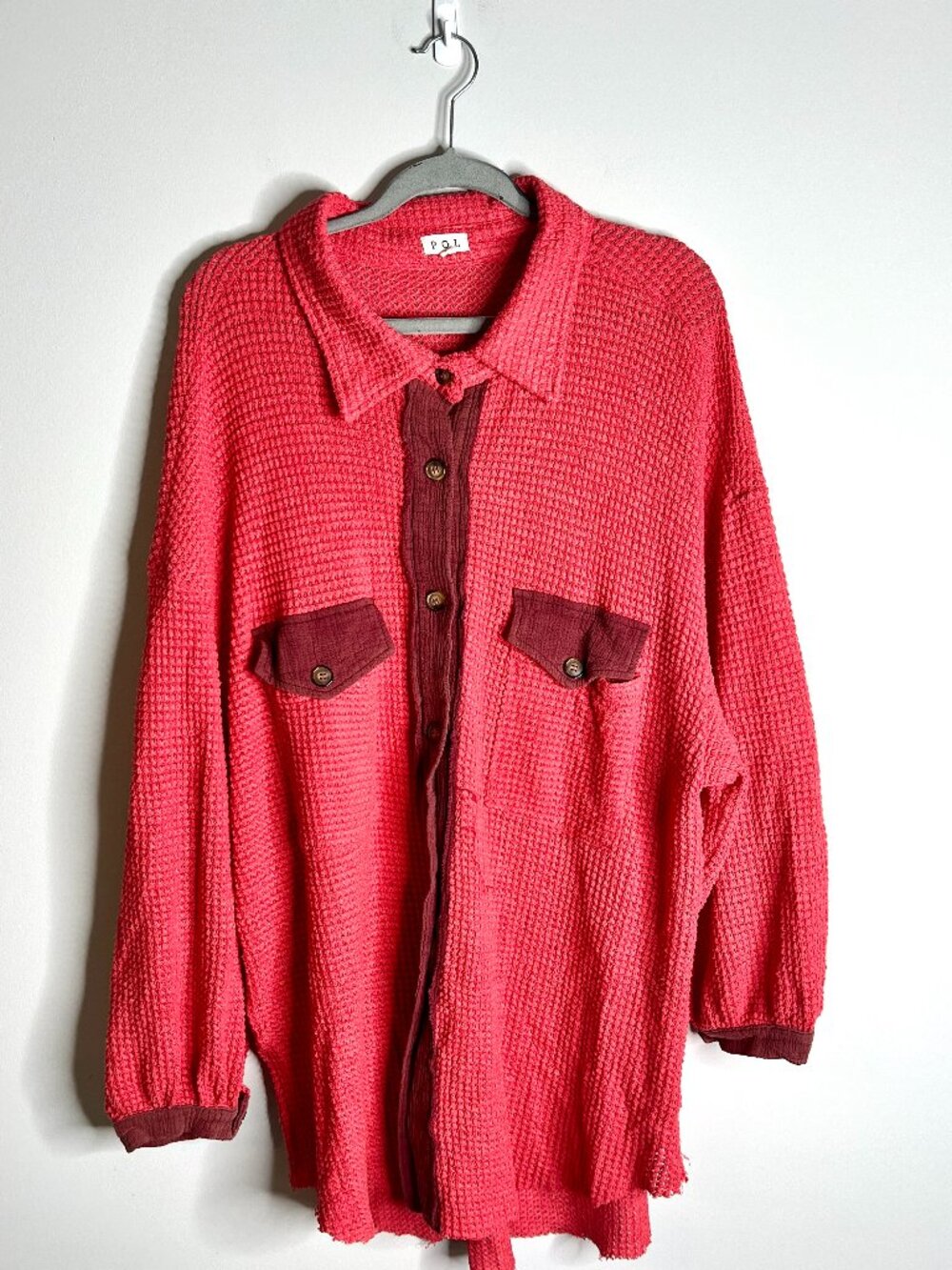 POL Pink Maroon Waffle Knit Oversized Slouchy Button Down Boho Thermal Sz M